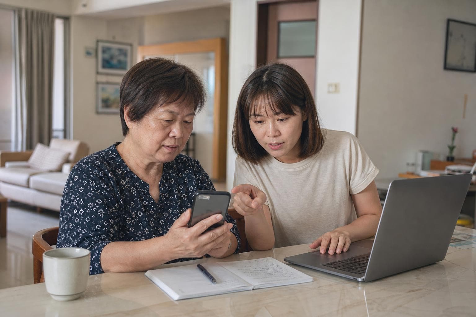 台灣母女在家中暫停可疑政府補助訊息,改用筆電與紙筆獨立查證